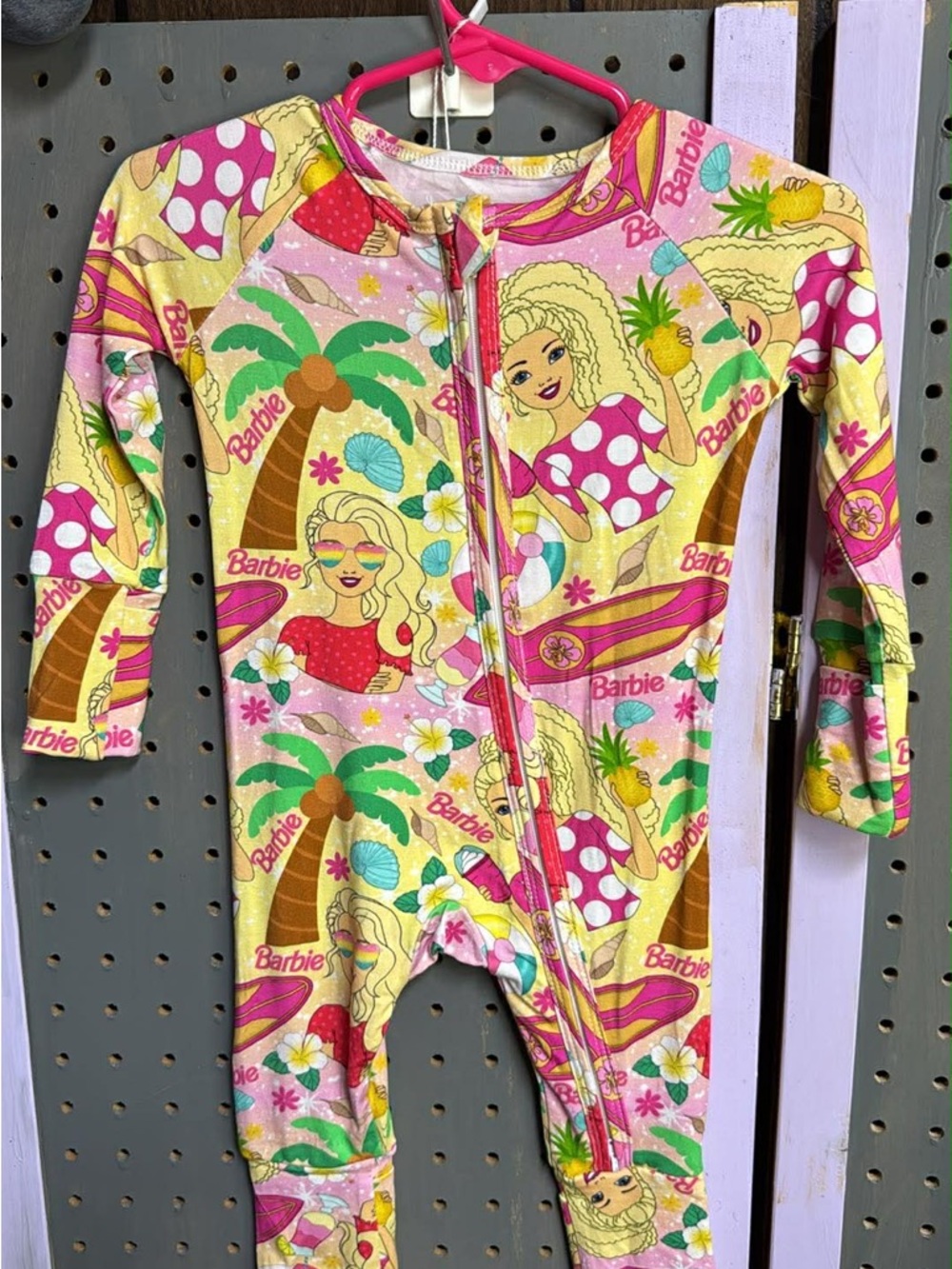 Barbie Pink Yellow Tropical Palm Tree Zipper Footie
